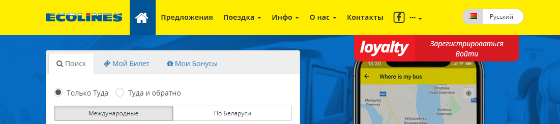 Сайт, Эколайнс Минск, Личный кабинет, Купить билет